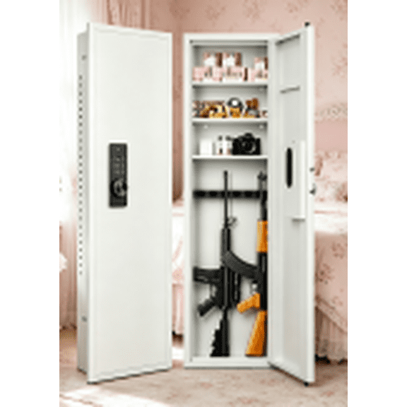Wall Gun Safe for Rifles, 53"H Hidden Fingerprint In-Wall Gun Cabinet with Adjustable Shelves, Steel Safe, White