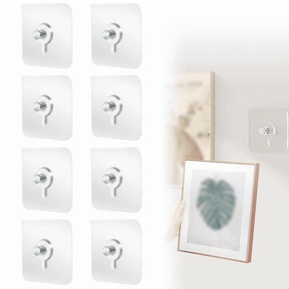 Adhesive Hooks Wall Hangers Without Nails No Drill Picture Hangers Bathroom Decor No Drill for Hanging Pictures Wall Hanger Frame Hanger for Home, Office, Bathroom, Kitchen (2.36" × 2.36", 8pcs)