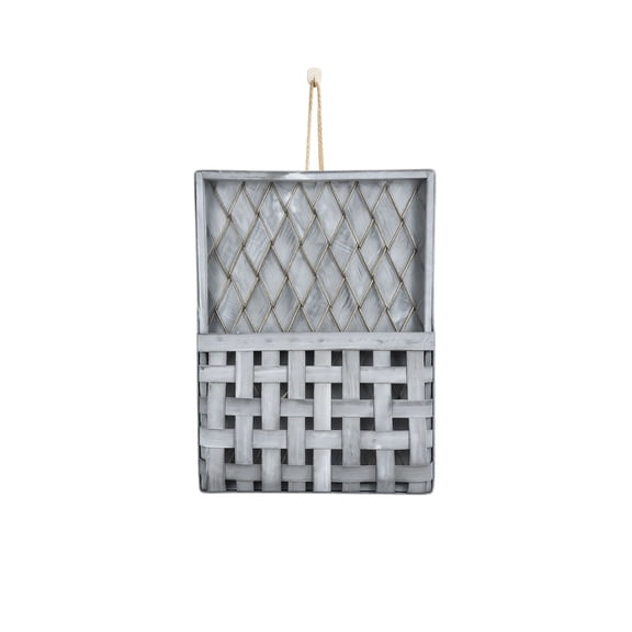 Wall Hanging Basket, Gray Woven Wooden Indoor Decor, 1 Pack Rustic Lattice Design with Hanging Rope, for Storing Small Plants Keys Decorations to Enhance Farmhouse Bedroom Kitchen Entryway Aesthetic