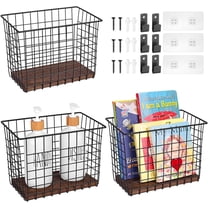 Wall Hanging Baskets 3 Pack, Large Diversified Wire Basket Shelves of Wooden Style, with Wall Mounted Metal Hooks & Traceless Stickers, for Kitchen Coffee Bar Office Room Garage Storage Organization