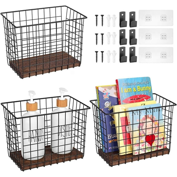 Wall Hanging Baskets 3 Pack, Large Diversified Wire Basket Shelves of Wooden Style, with Wall Mounted Metal Hooks & Traceless Stickers, for Kitchen Coffee Bar Office Room Garage Storage Organization
