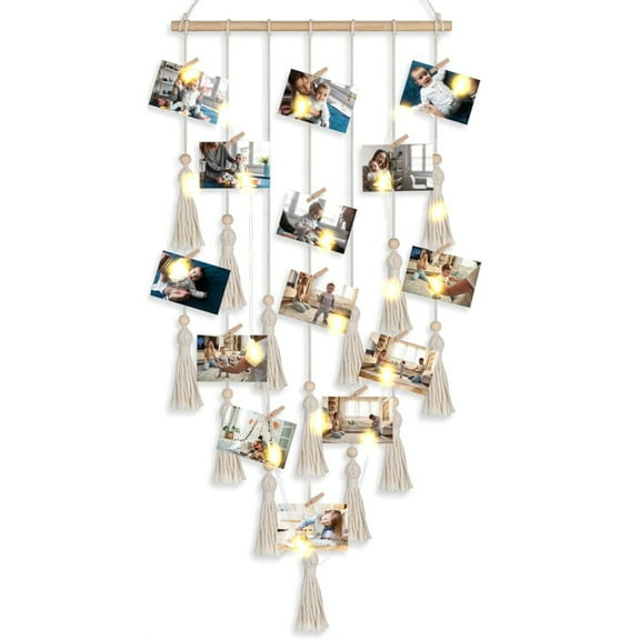 Wall Hanging Boho Collage Picture Frames,Hanging Photo Display Wall Decor,Handmade Tassel Hanging Decoration with Lights 20 Clips,for Birthday Valentine's Day Party Gift (Beige)