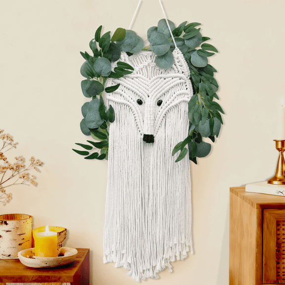 Bohemian Macrame Fox Wall Hanging - 100% Cotton Hand-Woven Tapestry with Leaf Accents, Perfect for Bedroom, Living Room, Hallway & Gallery Decor, 3115 Inch, White