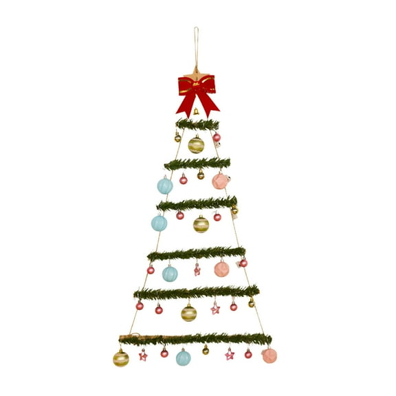 Wall Hanging Christmas Tree Decoration – Light-Up Tree with Multicolor Balls, Red Bow, Star Accents – Indoor Holiday Wall Decor for Living Room & Home