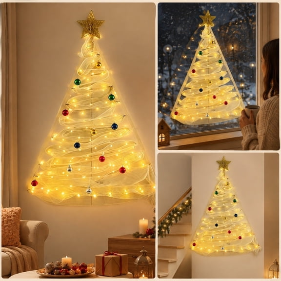 Wall Hanging Christmas Tree with LED Lights, Space-Saving Pre-Lit Wall Decor for Home, Apartment, and Holiday Display