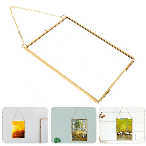 OUNONA Hanging Glass Photo Frame with Specimen Clip Decorative Picture Holder Wall Decor 2pcs Copper Color