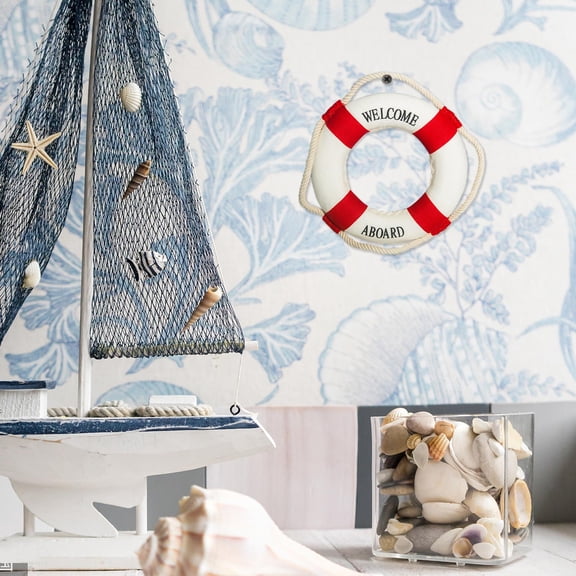 Wall Hanging Decor, Buoy Home Wall Nautical Decor, Welcome Aboard Mediterranean Style Home Decoration, Wall Hanging Decor for Home Wall Window (5.5", Red)