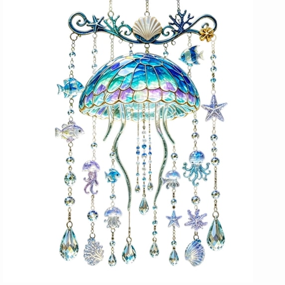 Wall Hanging Decor Ocean Jellyfish Acrylic Ornament 1 Pack Stained Glass Style Suncatcher for Bedroom Patio Garden Coastal Home Decoration