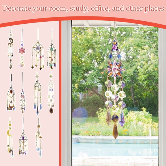 Wall Hanging Decor, Sun Catcher, Gold Metal Wall Art, Rainbow Decor, 18X2 Inch Iridescent Crystal Prism Moon Star Hanging Ornament with 1Pc Adhesive Hook, Bohemian Home Wind Chime