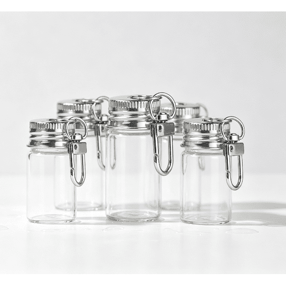 Wall Hanging Decorative Glass Bottle Pendant, Mini Clear Glass Storage Jar with Carabiner Clip, Multi-use Container for Kitchen Spices Trinkets & Home DIY Craft Display Decor15pc