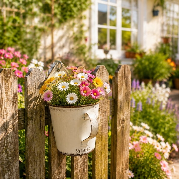Wall Hanging Flower Pot Wrought Iron Hanging Planter Metal Wall Bucket Half Round Flower Holder Decorative Plant Container for Balcony Garden Fence Patio Indoor Outdoor Wall Decor