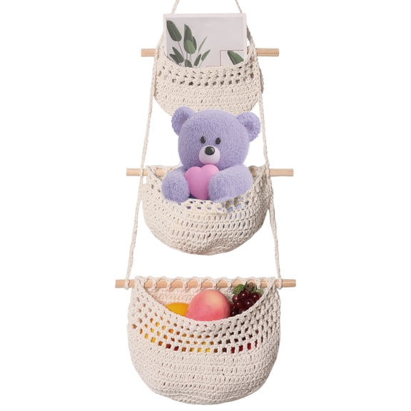 Wall Hanging Fruit Basket 3 Layer Cotton Linen Over the Door Organizer Hanging Storage Bag Breathable for Home
