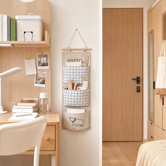 Wall Hanging Organizer with 5 Pockets, Foldable Multi-Compartment Storage Bag, Door Mounted Caddy for Bathroom & Bedroom, Renter Friendly Over Door Hanging Organizer, Beige