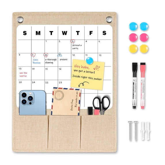 DOLLAR BOSS Mail Organizer with Whiteboard, Wall Mounted Mail and Keys Organizer Calendar Monthly Whiteboard with Multiple Pocket Organizer, Easy to Write & Clean, for Wall Home Office, Beige