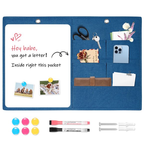 DOLLAR BOSS Mail Organizer with Whiteboard, Wall Mounted Mail and Keys Organizer Calendar Monthly Whiteboard with Multiple Pocket Organizer, Easy to Write & Clean, for Wall Home Office, Blue