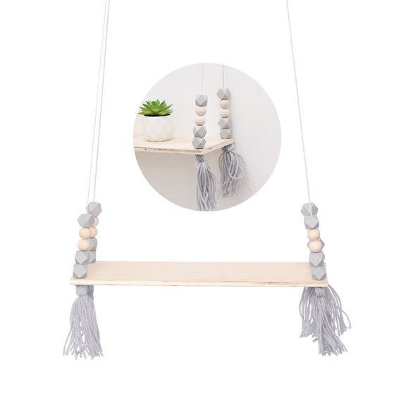 Clispeed Grey Wooden Hanging Shelf Octagonal Beads Wall Storage Rack Tassel Hanging Storage Organizer