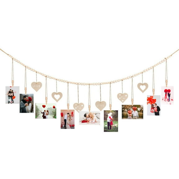 Wall Hanging Photo Display,Hanging Photo Display with Clips,Wooden Bead Garland,Boho Style Collage Photo Frame Decoration for Dorms,Classrooms,Bedrooms