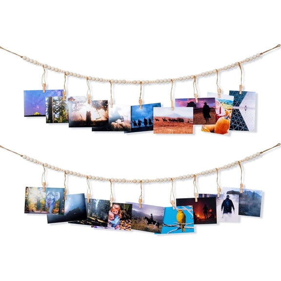 Wall Hanging Photo Display with Wood Clips,Wooden Beads Garland Photo Holders,DIY Picture Wall Decoration,Boho Collage Photo Frame Set,for Home Office Dorm Decor,Birthday Supplies 2Pcs