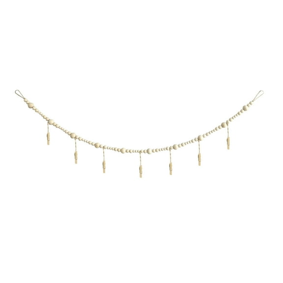 Wall Hanging Photo Display with Wooden Beads Garland 4 Feet Boho Collage Picture Frame DIY Picture Photo Frame Set with 9 Wood Clips for Rustic Country Home, Office Nursery Room Decoration