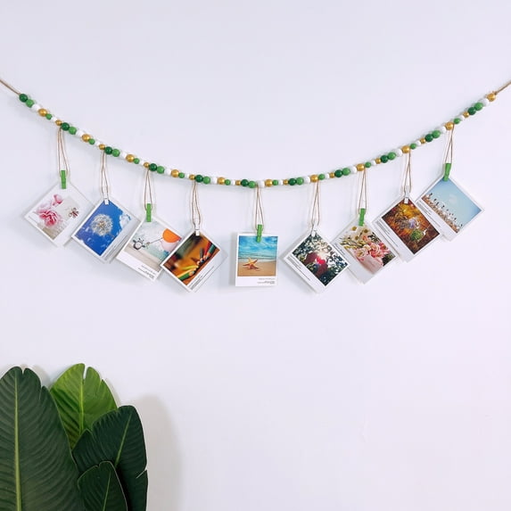 Wall Hanging Photo Display with Wooden Beads Garland 4 Feet Boho Collage Picture Frame DIY Picture Photo Frame Set with 9 Wood Clips for Rustic Country Home, Office Nursery Room Decoration