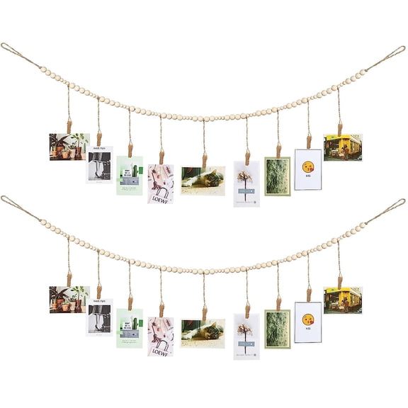 Wall Hanging Photo Display with Wooden Beads Garland 4 Feet Boho Collage Picture Frame DIY Picture Photo Frame Set with 9 Wood Clips for Rustic Country Home, Office Nursery Room Decoration(2 Pieces)