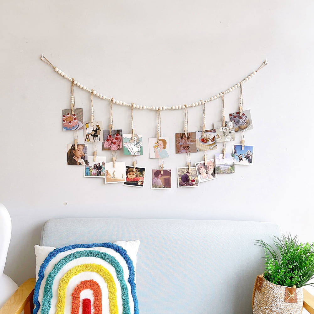 Boho Hanging Photo Display With 12 Wooden Bead Clips - 2-Pack Garland For Wall Collage (White) - View #2