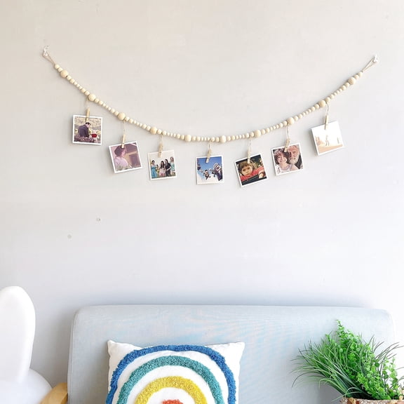 Wall Hanging Photo Display with Wooden Beads Garland Collage Picture Frame for Boho Wall Decoration DIY Picture Photo Frame Set with Wood Clips for Home Nursery Dorm Decor