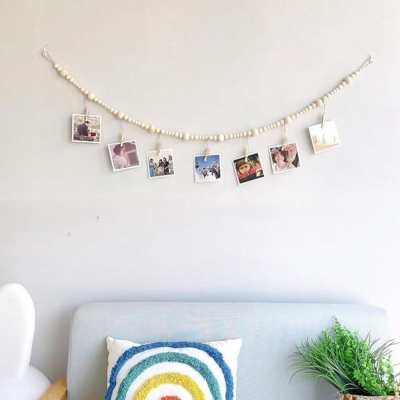 Wall Hanging Photo Display with Wooden Beads Garland, Collage Picture Frame for Boho Wall Decoration, Photo Holders with 7 Wood Clips, for Rustic Country Decor, Home, Nursery Room, Dorm Decor