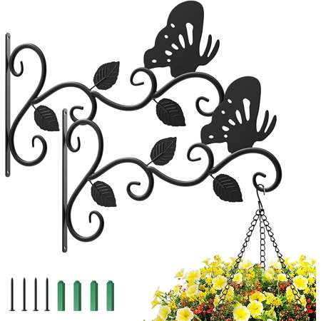 Wall Hanging Plant Bracket, [2 Pack] 12 Inch Retro Outdoor Indoor Garden Hook Hanging Planter Decorative Plant Brackets for Bird Feeder Wind Chime Lantern, Butterfly and 3 Leaves, Black