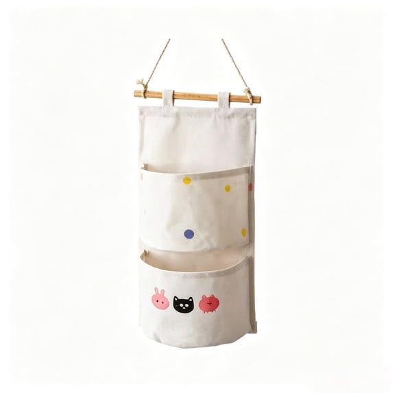 Wall Hanging Pocket Organizer, 2-Pocket, 15.3 x 7.4 in, Cloth, Cartoon Print, Compact Two- or Three-Pocket Format for Bedrooms and Bathrooms, Beige