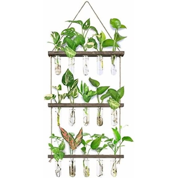 Wall Hanging Propagation Station with Wooden Stand 5 Glass Test Tubes 3 Tiered Planters Wall Terrarium for Home Office Plant Hanger Flower Vases Wall Decor Hydroponic Cuttings