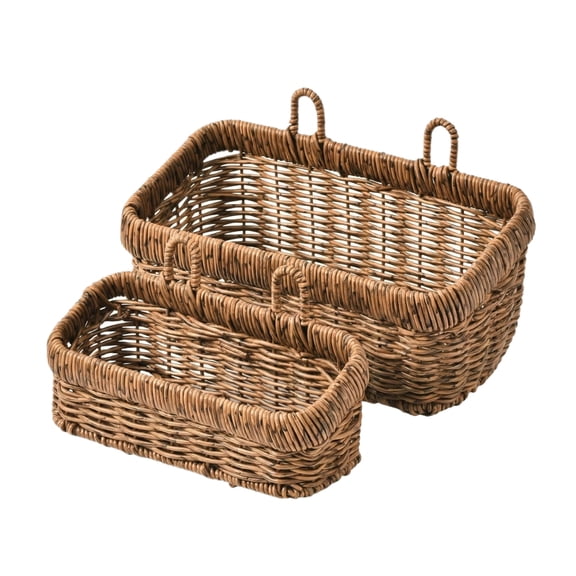 Wall Hanging Rattan Storage Basket Rectangular Hanging Organizer Basket Decorative Wall Mounted Storage Bin for Bathroom Kitchen Entryway Plant Holder Rustic Brown Large Size, 11 x 5 x 6.5 inch
