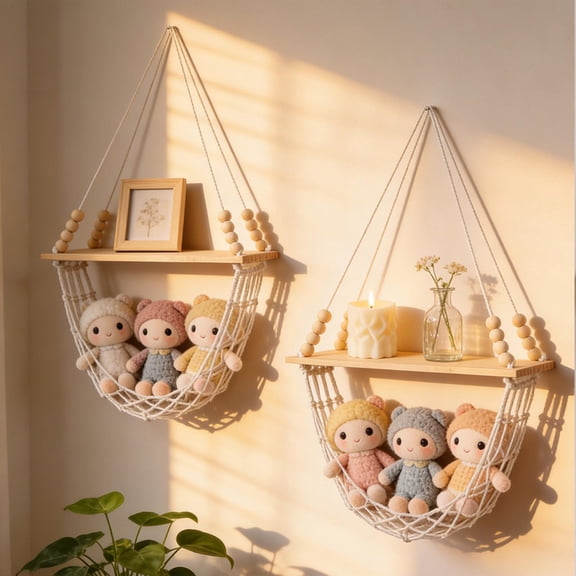 Wall Hanging Shelf 16 Inch Wood Floating Shelf with Woven Cotton Pocket Decorative Storage Rack for Plants Books Home Decor