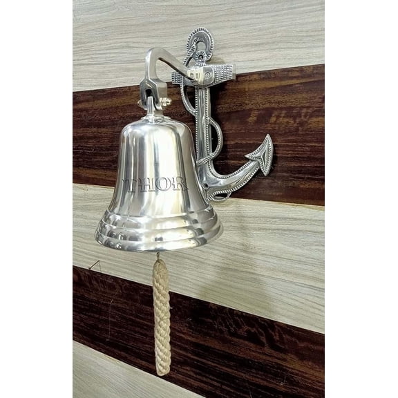 Wall Hanging Ship Bell Dinner Bell Indoor/Outdoor Nautical Decoration Bells with Rope (D-5 inch H-7 inch, Silver Finish) Rustic Vintage Christmas Decor Gifts