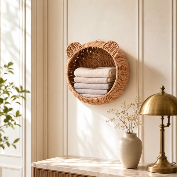 Wall Hanging Storage Basket, Bear Ear Woven Wall Organizer Decorative Hanging Basket Space Saving Storage Bin, Cute Nursery Bathroom Bedroom Entryway Wall Decor for Home Organization