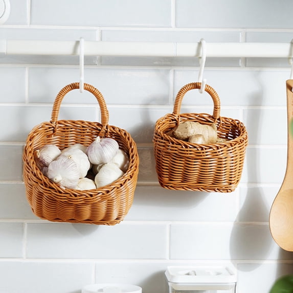 Wall Hanging Storage Basket Imitation Wicker Rattan • Decorative Woven Wall Basket • Bathroom Organizer • Kitchen Countertop Holder • Home Decor
