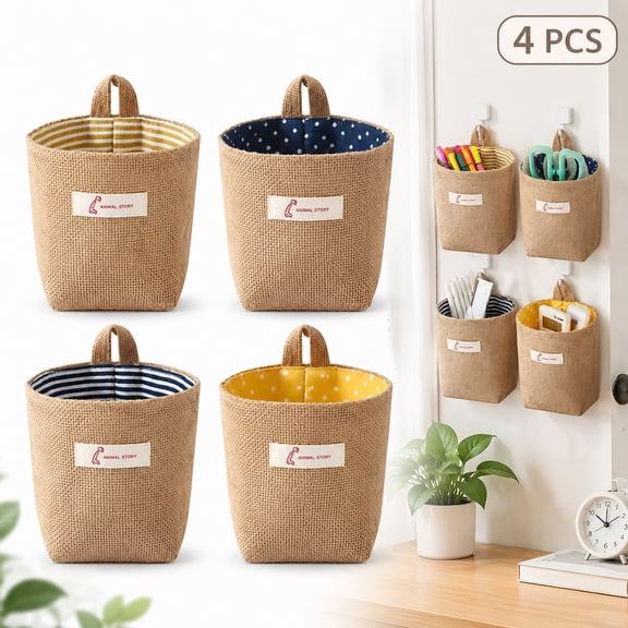 Wall Hanging Storage Baskets, 4 PCS Jute Burlap Organizer Bins with Loop Handle for Closet Entryway Bedroom and Bathroom