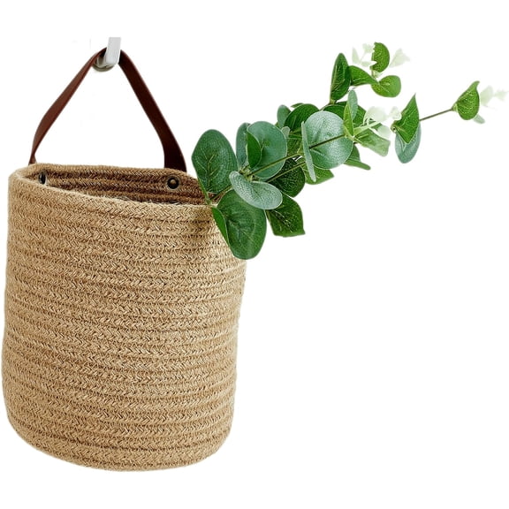 Wall Hanging Storage Baskets - Small Cotton Rope Woven Closet Storage Bins-Shelf Basket Organizer for Plants, Towels - 6.3" x 7" (Jute-Brown)