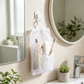 Wall Hanging Storage Organizer with Rotating Hook - Multi-Purpose Shower Caddy for Bathroom, Balcony, Kitchen - Plastic Mesh Bag for Toiletries, Towels, Toys - Space Saving Wall Mount