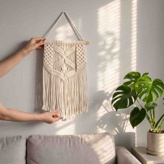 Wall Hanging Tapestry, Boho Hand Woven Cotton Rope Wall Decor With Tassels, Ready To Hang, Bohemian Fringe Wall Art For Bedroom, Living Room, Apartment And Wedding Background Decoration