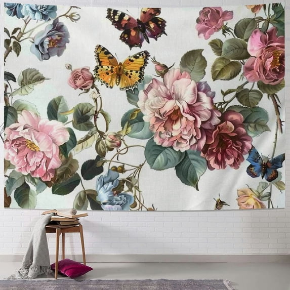 Wall Hanging Tapestry, Personality Tapestry Home Decor For Room, Tapestry, Tapestry For Bedroom Living Room Dorm Compatible with Flower Shabby Chic Roses Buds Leaves Tulips Floral Butterfly