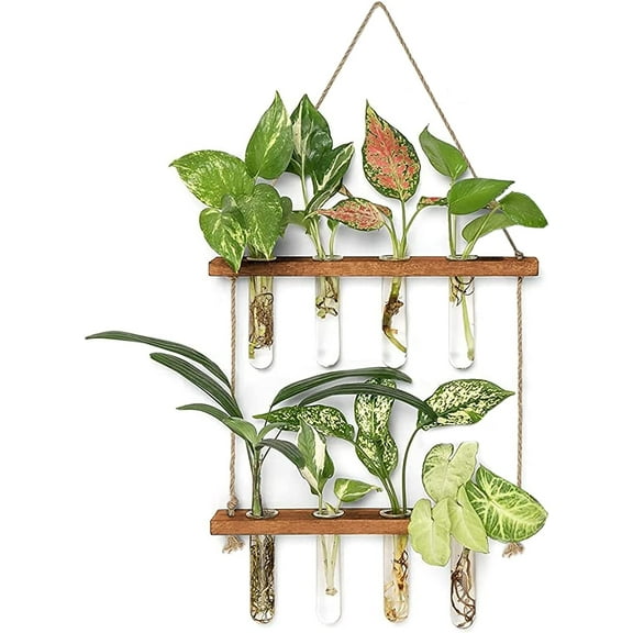Wall Hanging Test Tube, Glass Planter Plant Vase with Wooden Stand & Strings Rope, Glass Planter Plant Terrarium for Hydroponic Plants Home Garden Indoor/Outdoor Decor(2 layer)