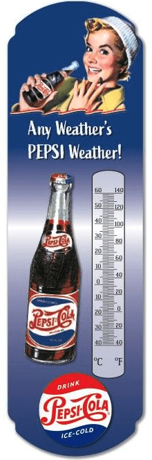 Wall Hanging Thermometer Metal ~ 22 Gauge Metal Lithograph Print Measures 5" x 17" Indoors or Outdoors  (Pepsi Bottle)