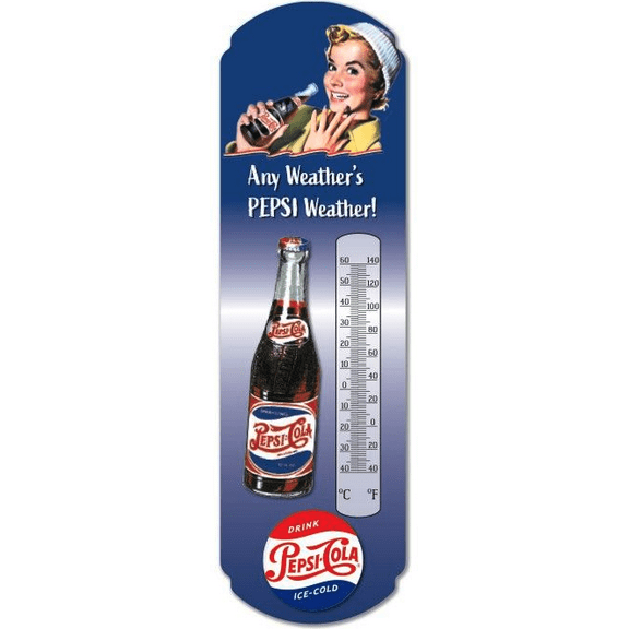 Wall Hanging Thermometer Metal ~ 22 Gauge Metal Lithograph Print Measures 5" x 17" Indoors or Outdoors  (Pepsi Bottle)