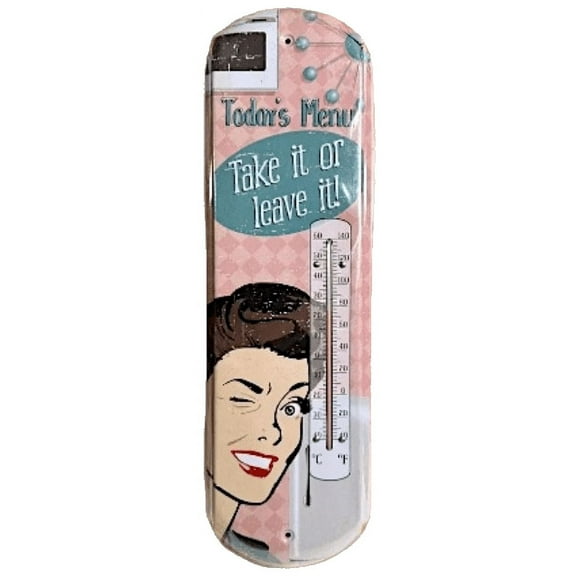 Wall Hanging Thermometer Metal ~ 22 Gauge Metal Lithograph Print Measures 5" x 17" Indoors or Outdoors (Todays Menu)