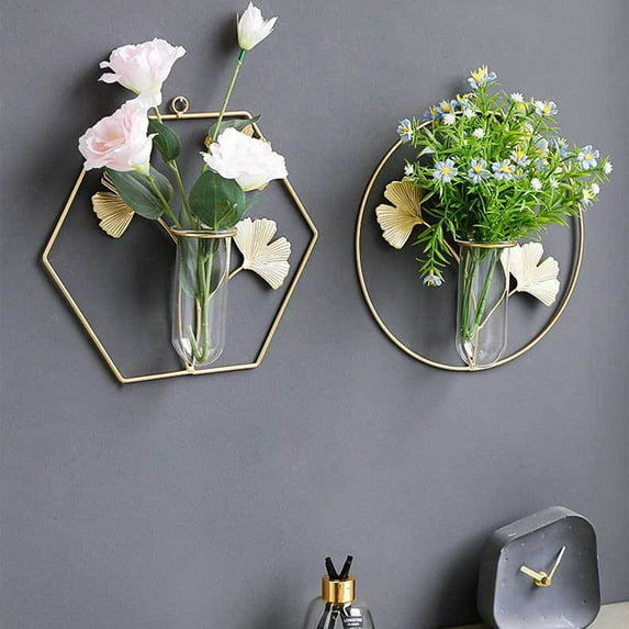 Wall Hanging Vases, Czzoypi Elegant Glass Wall Decor, Lead-Free Crystal Clear Hydroponic Ginkgo Vase with Iron Hook for Living Room Restaurant Background