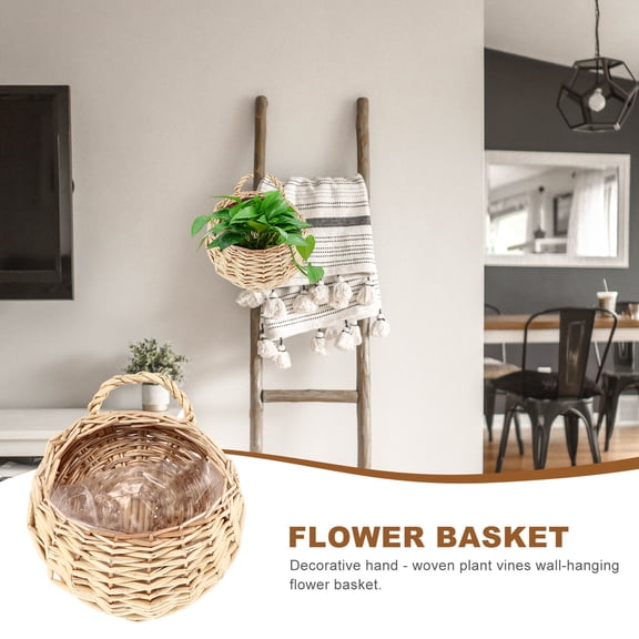 Wall Hanging Wicker Rattan Flower Basket Natural Rattan Hanging Planter Basket Flower Pot Nest Storage Container for Wall Decoration 18cm Beige