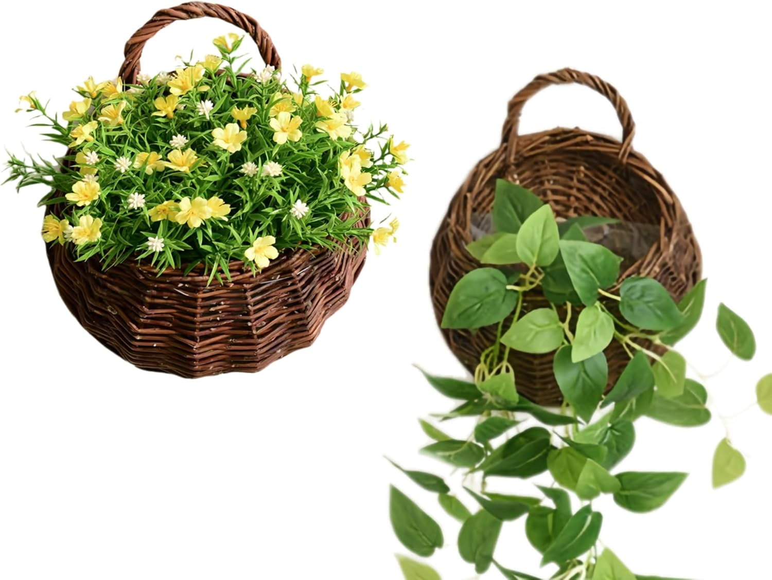 Wall Hanging Woven Baskets: Hanging Wall Basket, Hanging Planter, 2Pcs Waterproof Wicker Baskets with Handle, for Flowers Plants Outdoor Front Door Home Garden, Hanging Wicker Basket
