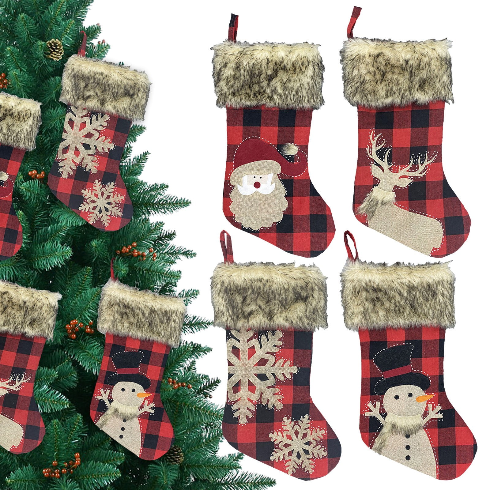 Wall Hangs,Christmas Stockings 4 Pack 18" Big Christmas Stocking Stuffers Snowflake Santa Snowman Reindeer Burlap Plaid Socks With Plush Cuff Candy Socks For Family Holiday Christmas P