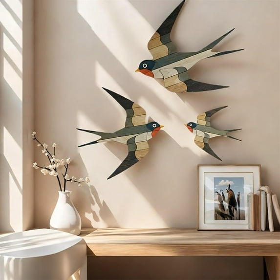 Wall Hangs,Set Of 3 Wooden Swallow Wall Decor 2D Flat Geometric Bird Ornaments In Multi Color Handmade Design For Indoor Home Decoration